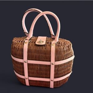 Vintage Wicker Basket purse with Pink Leather and Brown Woven